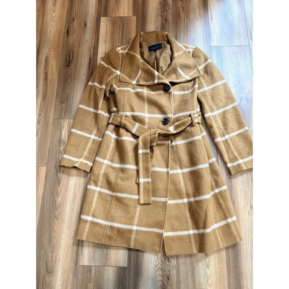 Ann Taylor Tan Windowpane  Brown Plaid Belted Coat Winter Women's Medium